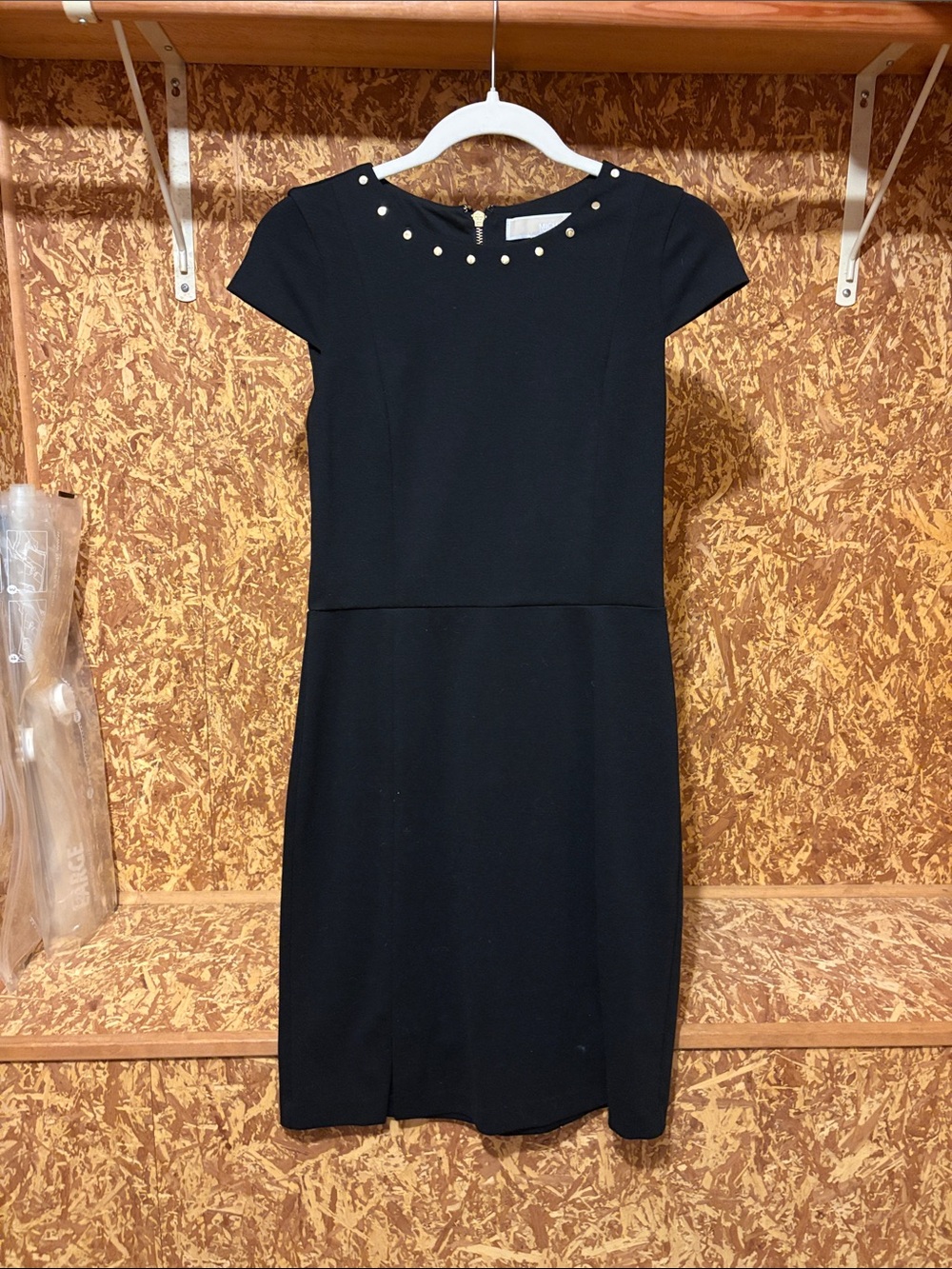 MICHAEL Michael Kors Black Short-Sleeve Midi Dress with Gold Neck Accents